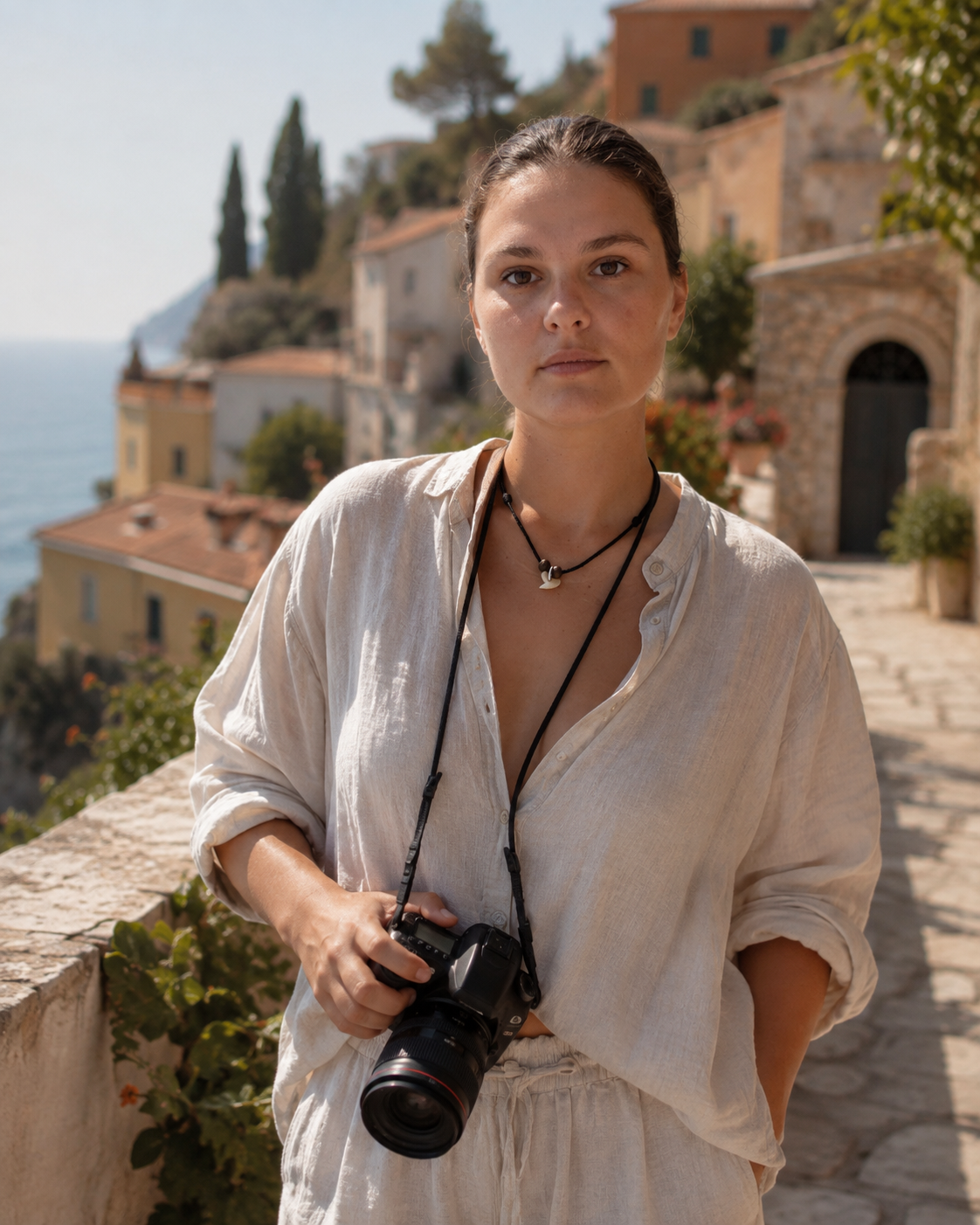 Sonia Anton with a camera, standing on a sunlit Mediterranean path